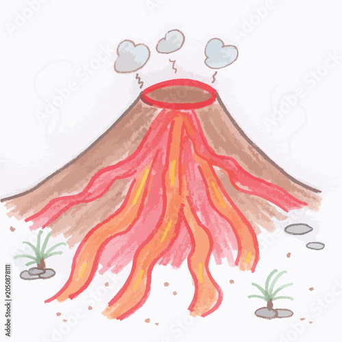 Vibrant watercolor illustration of an erupting volcano with flowing lava and smoke.