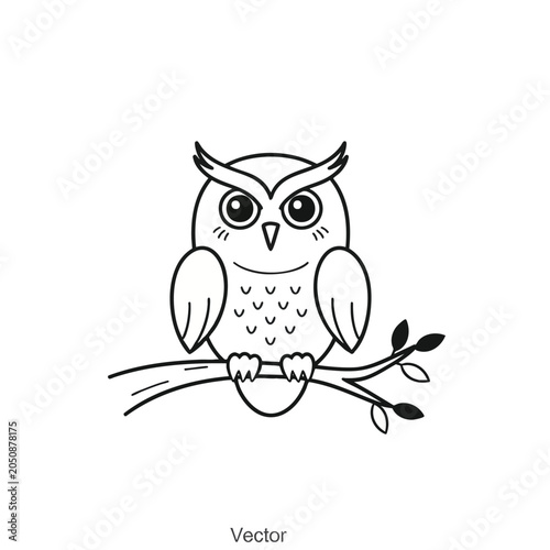Cute Cartoon Owl Perched on a Branch Line Art.