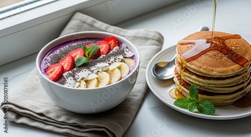 Healthy breakfast with yogurt and berries next to pancakes