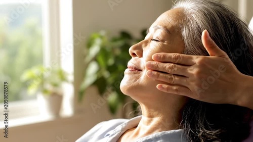 Elderly Asian Woman Enjoying Relaxing Professional Facial Skin Care Treatment and Massage for Healthy Aging and Wellness