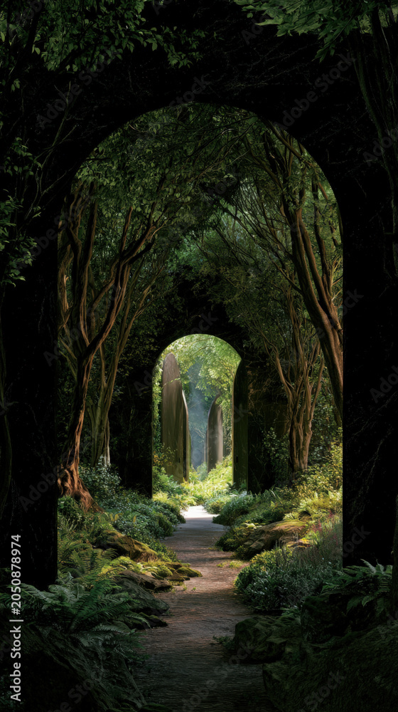 Obraz premium Dappled sunlight filters through ancient, arching trees