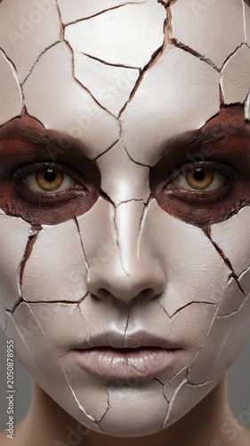 Woman with Cracked Porcelain Doll Makeup Mask Effect