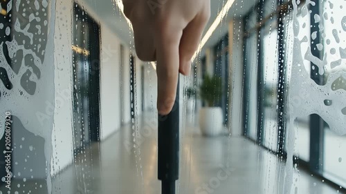 Professional Cleaner Using Squeegee to Wash Large Glass Windows
