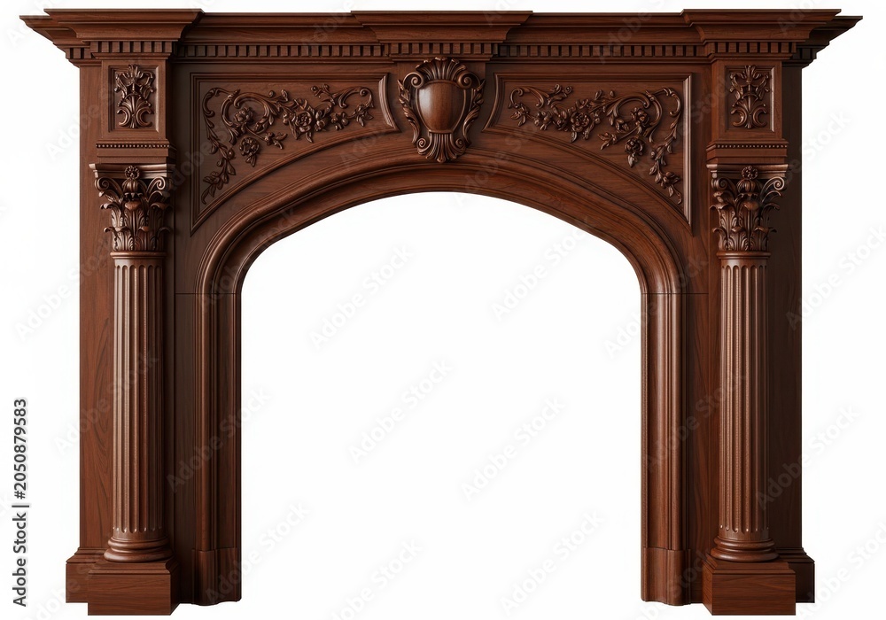 Fototapeta premium An elegant dark wood fireplace mantel with intricate carvings and classical architectural columns, isolated on white background