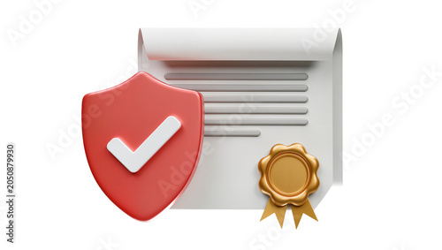Foto Red shield with checkmark and certificate with gold seal