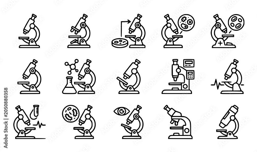 Fototapeta premium Microscope line icons set scientific research equipment biology and medical illustration
