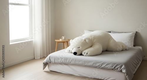 A large white teddy bear sleeping on a bed in a bright room with a window