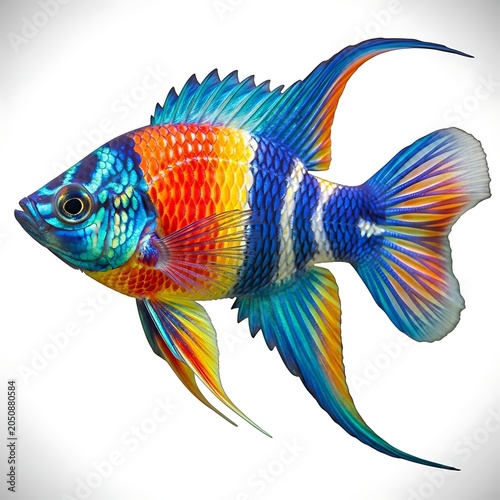 Vibrant multicolored fish with blue, orange, and white scales isolated on white background