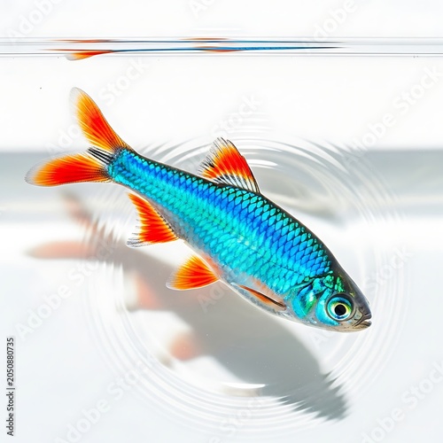 Vibrant blue and orange tropical fish swimming in clear water with white background