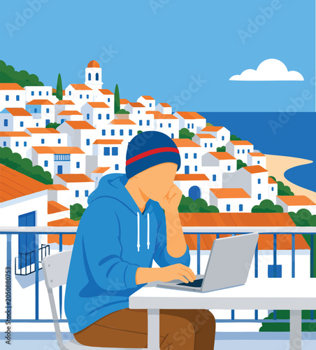 Digital Nomad Man Working on Laptop from Balcony Overlooking Mediterranean Coastal Town