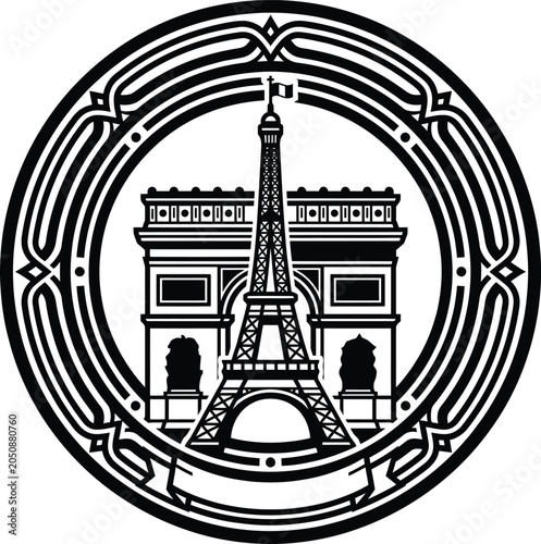 Fotografi A high-contrast black and white design rendering featuring iconic Parisian landmarks enclosed within a adorning circle