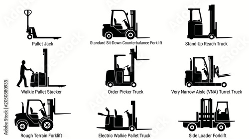 Diverse range of industrial forklift vehicles depicted in bold black and white icons, showcasing various types for material handling
