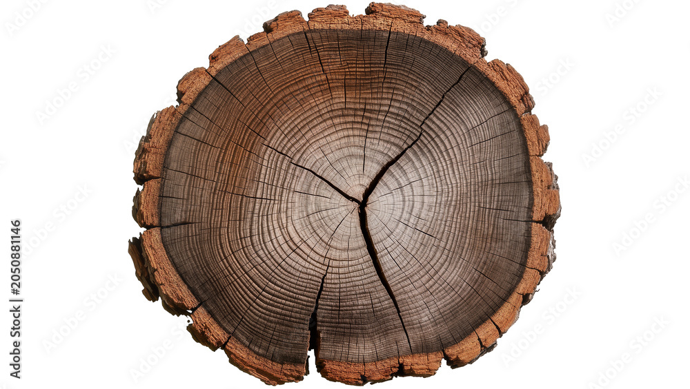 Obraz premium Tree stump cross section with visible growth rings and rough bark