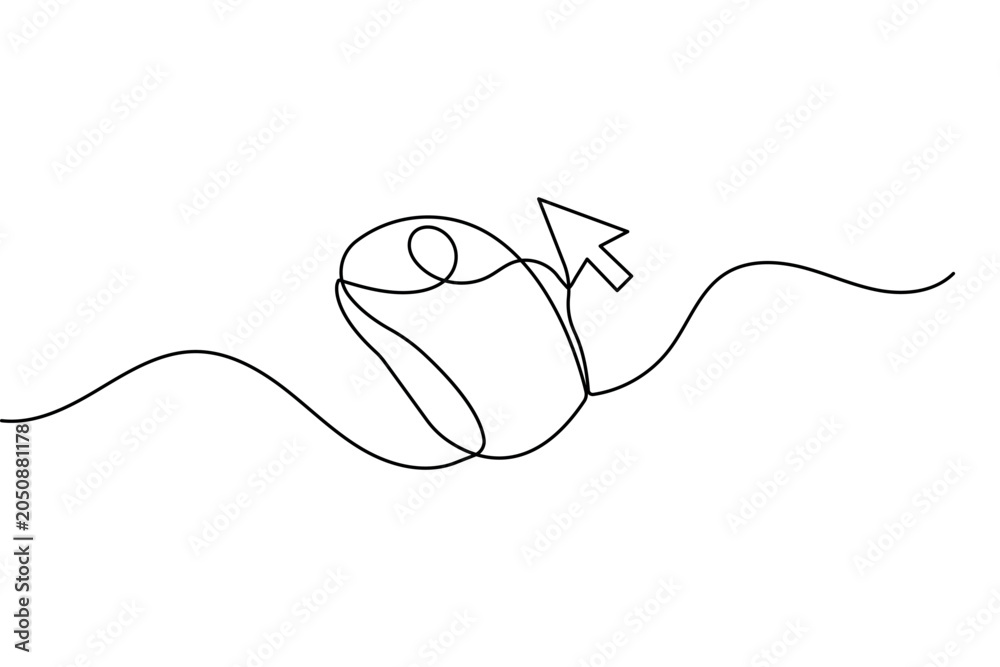 Obraz premium Computer mouse with cursor, continuous line art vector illustration