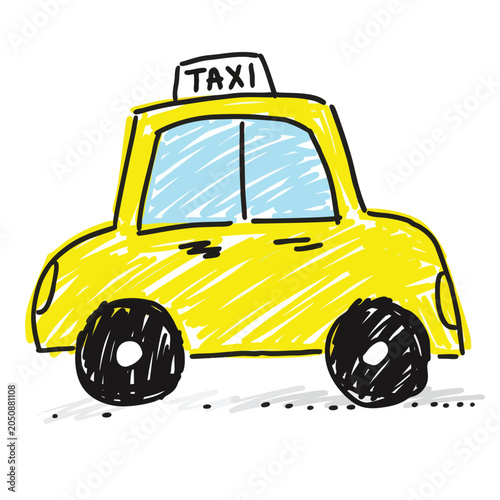 Childlike drawing of a vibrant yellow taxi cab with a TAXI sign.