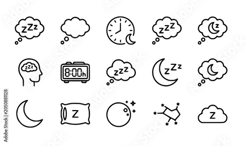 Foto Sleep icons set dreams rest and nighttime relaxation line art