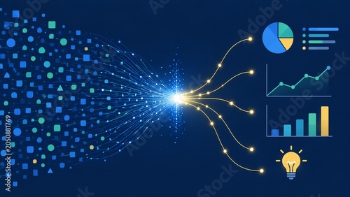 ビッグデータの集約と分析からアイデアが生まれるビジネスインテリジェンスの概念図