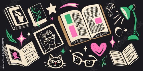 Bild auf Leinwand Reading themed vector illustration with books glasses and a cat on a black backg