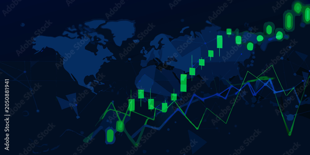 Obraz premium Financial data visualization with world map and candlestick charts dark blue background