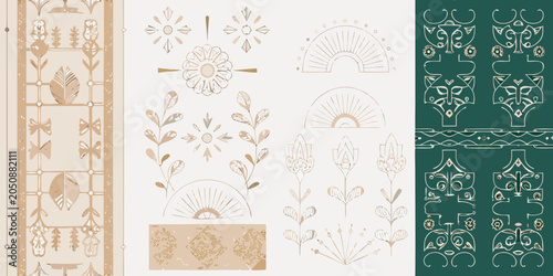 Tableau sur toile Floral ornament and geometric pattern collection vector illustration with neutra