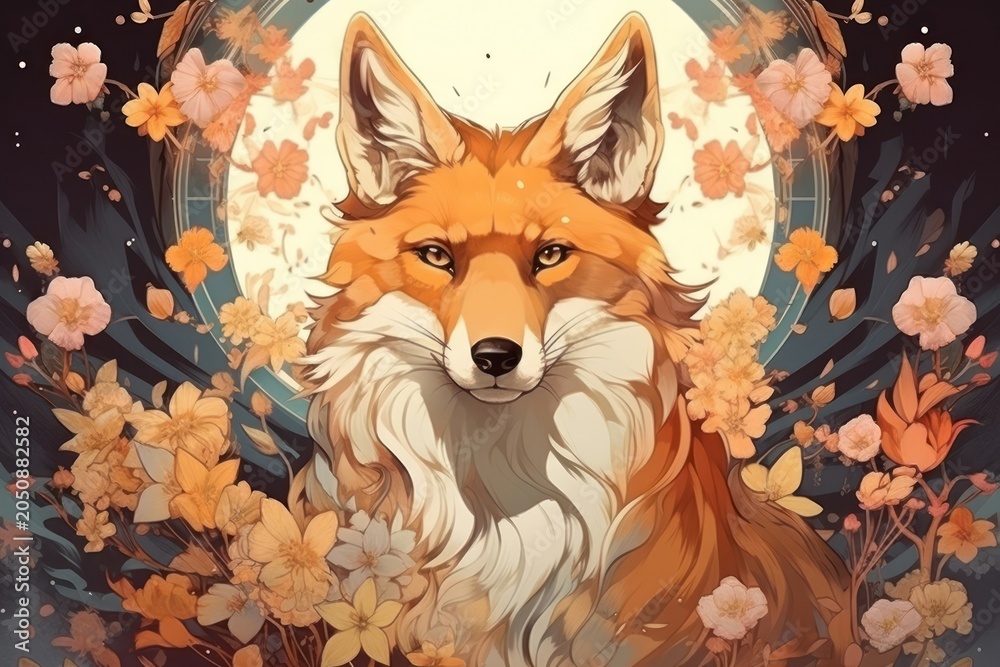 Naklejka premium Fox and flowers fox art wildlife.