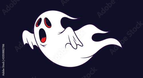 Spooky cartoon ghost flying with a wide open mouth and red eyes on a dark blue background for various halloween vibes.