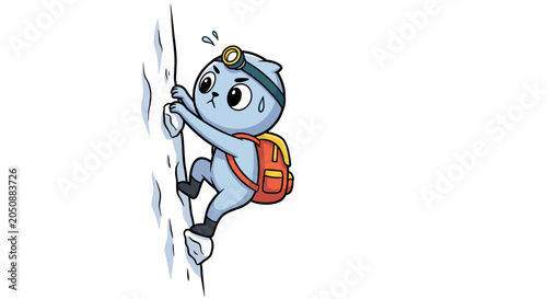 Cartoon character climbing a wall with backpack.
