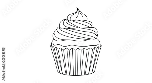 Clean black and white line drawing of a delicious cupcake with high swirl frosting and a simple paper liner on a white background.