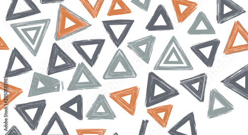 Modern abstract pattern with hand drawn triangles in various shades of gray, orange, and blue scattered over a white background.