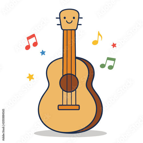 Cute cartoon ukulele character with a smiling face and musical notes.