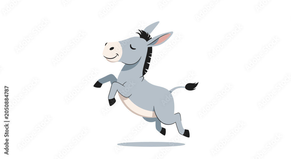Fototapeta premium Playful grey donkey is captured in a mid air jump or gallop in this charming and energetic animal illustration.