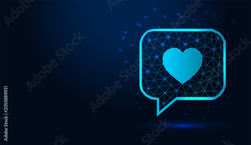 Low poly wireframe speech bubble with heart icon on dark blue background.