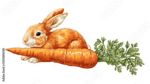 Whimsical Rabbit Riding a Carrot: A charming illustration of an orange rabbit humorously riding a large carrot, its leafy green top trailing behind like a tail. A playful, fantasy scene.