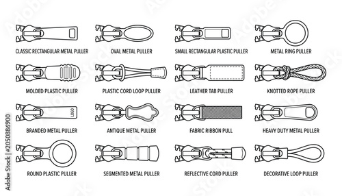 Assortment of zipper pullers for bags and clothing, vector illustration graphic design.