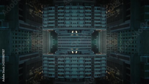 mirrored fractal cityscape skyline with symmetrical skyscraper geometry, abstract urban city architecture pattern with futuristic kaleidoscope reflection effect, technology background 4k