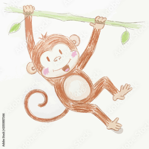 Cute cartoon monkey swinging from a tree branch.