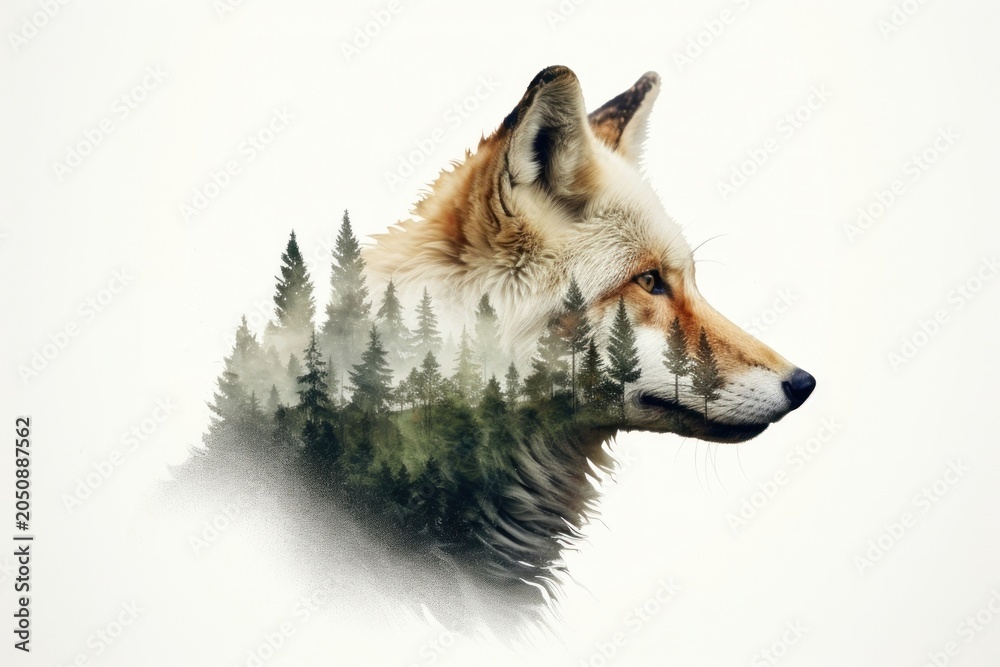 Naklejka premium Double exposure photography fox and forest wildlife animal mammal.