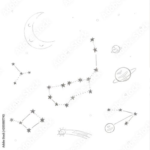 Hand Drawn Astronomical Elements Featuring Constellations Planets and Crescent Moon.