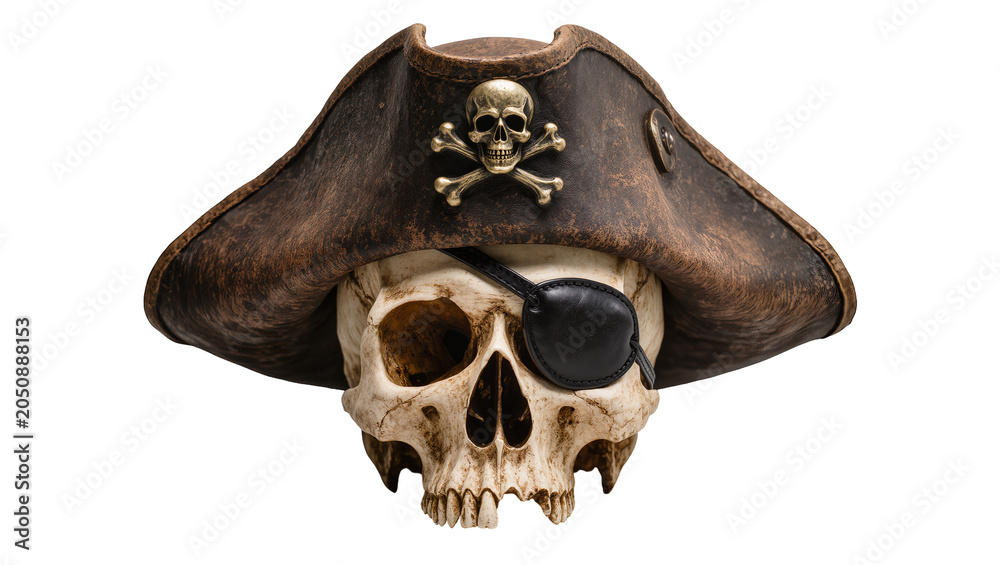 Obraz premium Pirate skull with weathered tricorn hat and eye patch