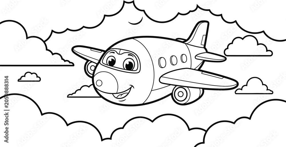 Obraz premium Smiling airplane flying through cloudy skies coloring page