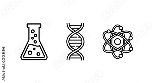 Bild auf Leinwand Erlenmeyer Flask Dna Strand And Atomic Model Line Icons On White Background