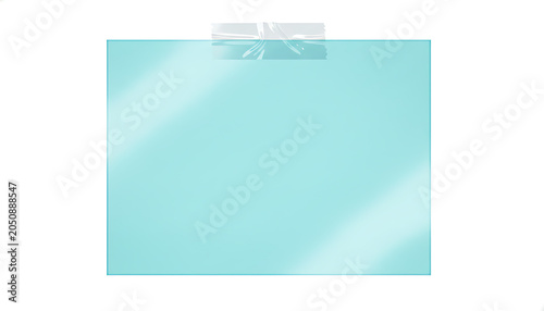 Aqua blue sticky note with clear tape on white background