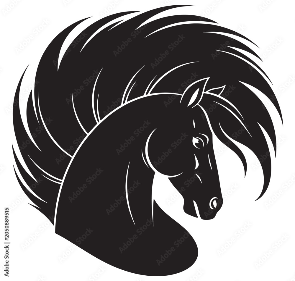 Fototapeta premium Black horse head with flowing mane isolated on white background horse head with long flowing mane black horse silhouette