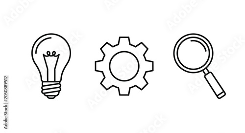 Foto Light Bulb Gear And Magnifying Glass Line Icons On White Background
