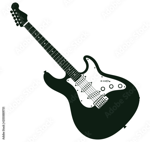 Electric guitar with white pickguard and six strings on fretboard  musical instrument for playing music