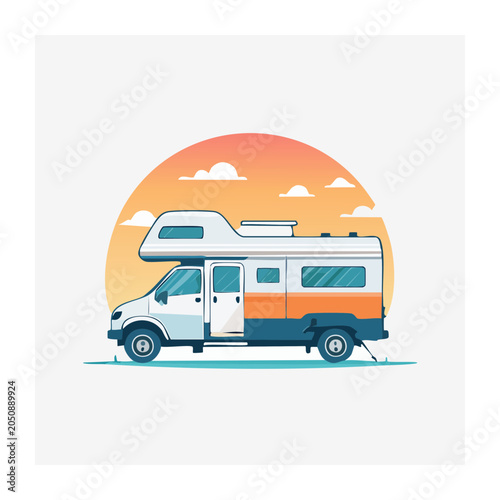 Flat design illustration of a camper van at sunset