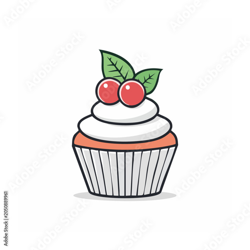 Flat design illustration of a cupcake with frosting and cherries