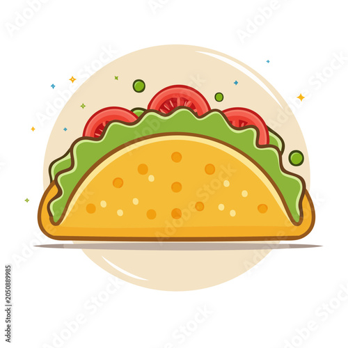 Flat design illustration of a taco with lettuce and tomato
