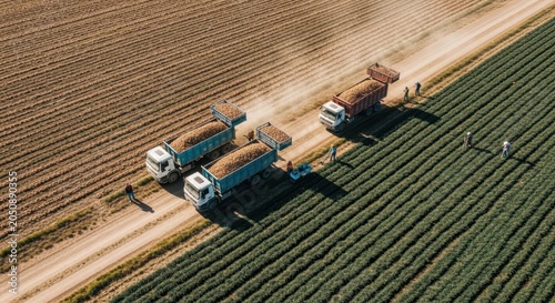 Fotografía Aerial View of Agricultural Trucks Harvesting Crops in a Vast Field During Sunny