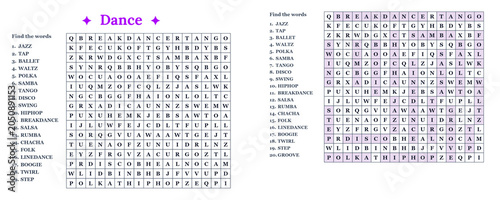 Tableau sur toile Word search puzzle with dance-related terms in grid format